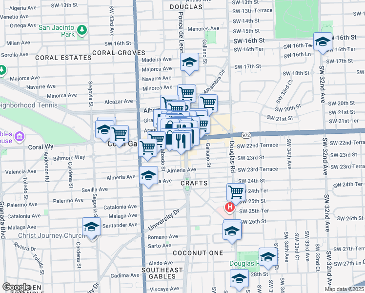 map of restaurants, bars, coffee shops, grocery stores, and more near 2418-20 Ponce de Leon Boulevard in Coral Gables