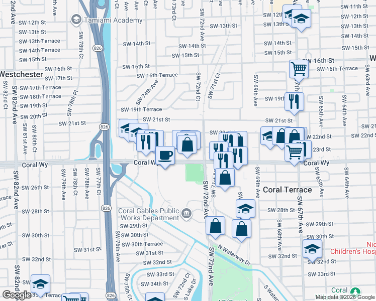 map of restaurants, bars, coffee shops, grocery stores, and more near 7260 Southwest 23rd Street in Miami