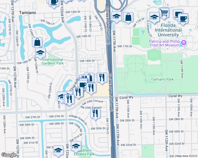 map of restaurants, bars, coffee shops, grocery stores, and more near 11790 Southwest 18th Street in Miami