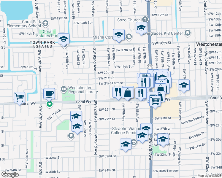 map of restaurants, bars, coffee shops, grocery stores, and more near 2225 Southwest 90th Avenue in Miami