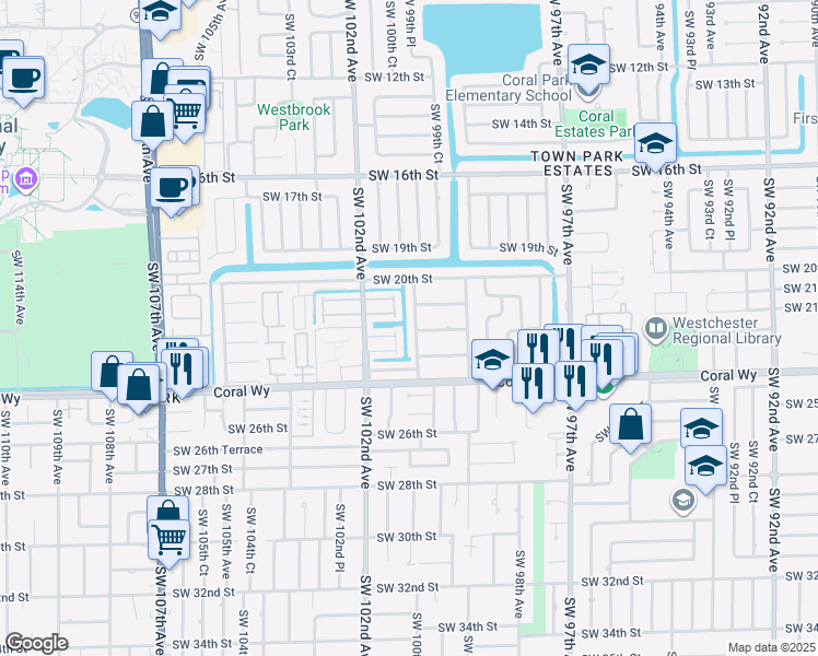map of restaurants, bars, coffee shops, grocery stores, and more near 2130 Southwest 100th Avenue in Miami