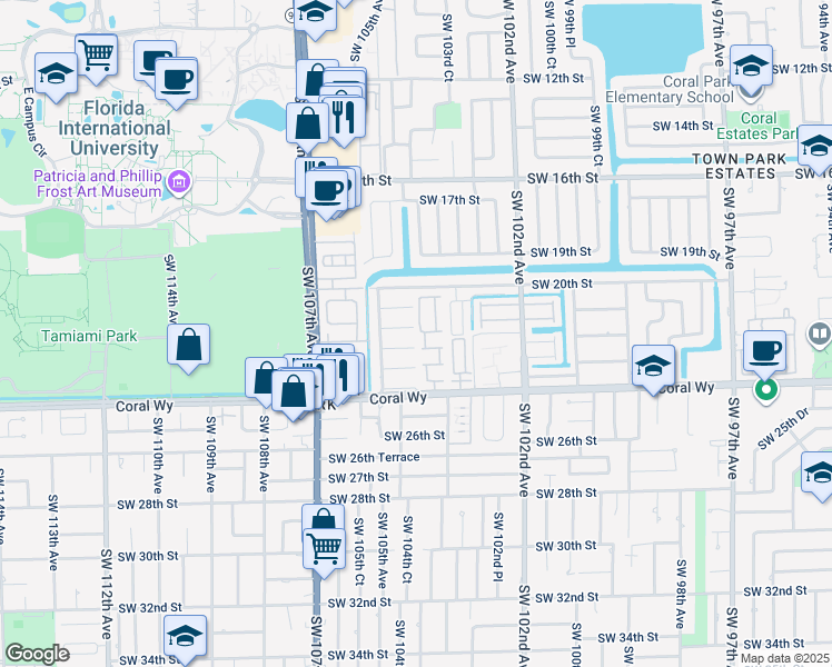 map of restaurants, bars, coffee shops, grocery stores, and more near 10424 Southwest 21st Terrace in Miami