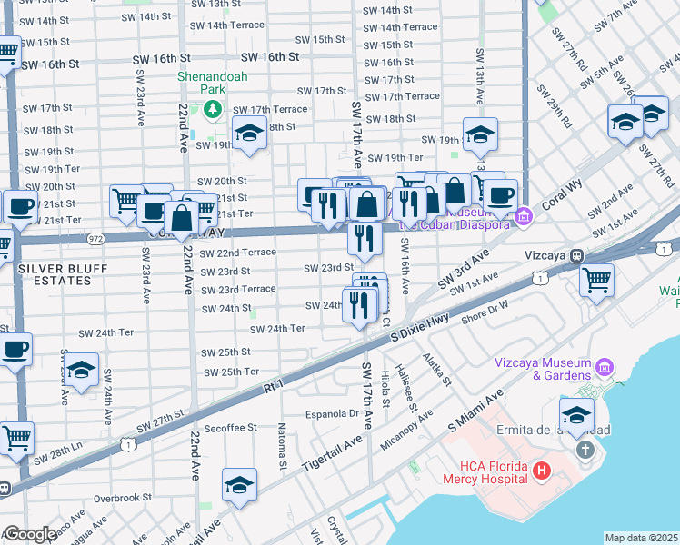 map of restaurants, bars, coffee shops, grocery stores, and more near 1748 Southwest 23rd Street in Miami