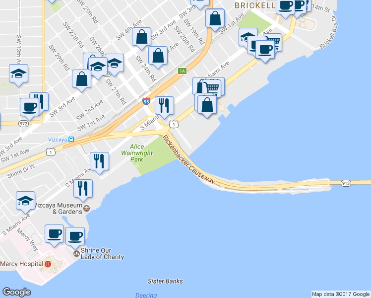 map of restaurants, bars, coffee shops, grocery stores, and more near 150 Southeast 25th Road in Miami