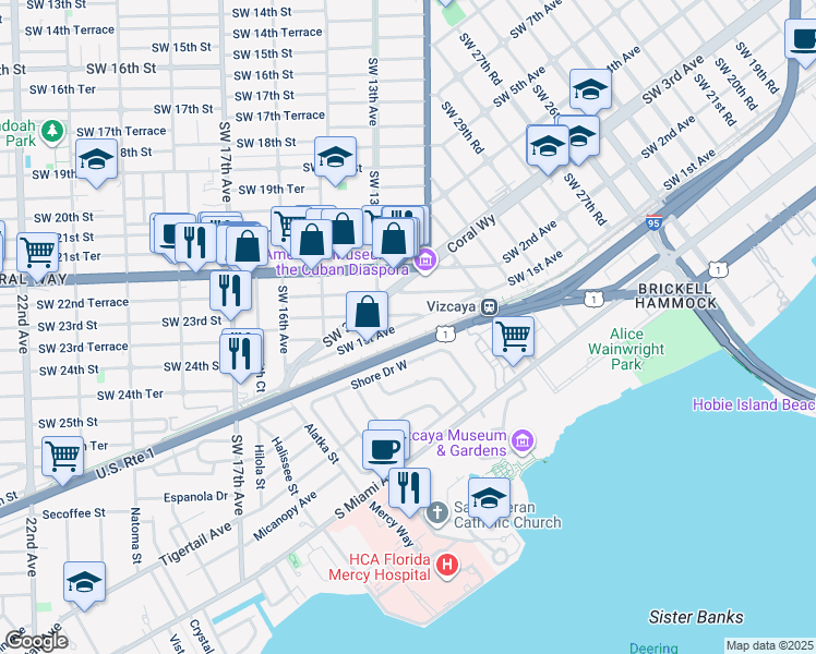 map of restaurants, bars, coffee shops, grocery stores, and more near 3460 Southwest 1st Avenue in Miami