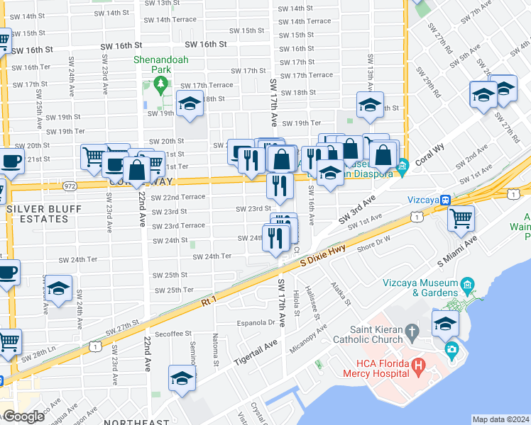 map of restaurants, bars, coffee shops, grocery stores, and more near 1748 Southwest 23rd Street in Miami