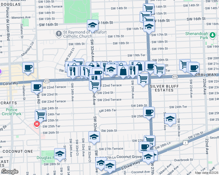 map of restaurants, bars, coffee shops, grocery stores, and more near 3116 Southwest 22nd Terrace in Miami