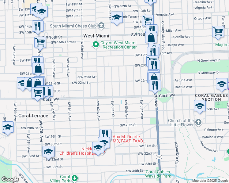 map of restaurants, bars, coffee shops, grocery stores, and more near 2308 Southwest 60th Court in Miami