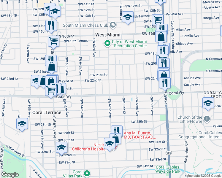 map of restaurants, bars, coffee shops, grocery stores, and more near 2317 Southwest 62nd Avenue in Miami