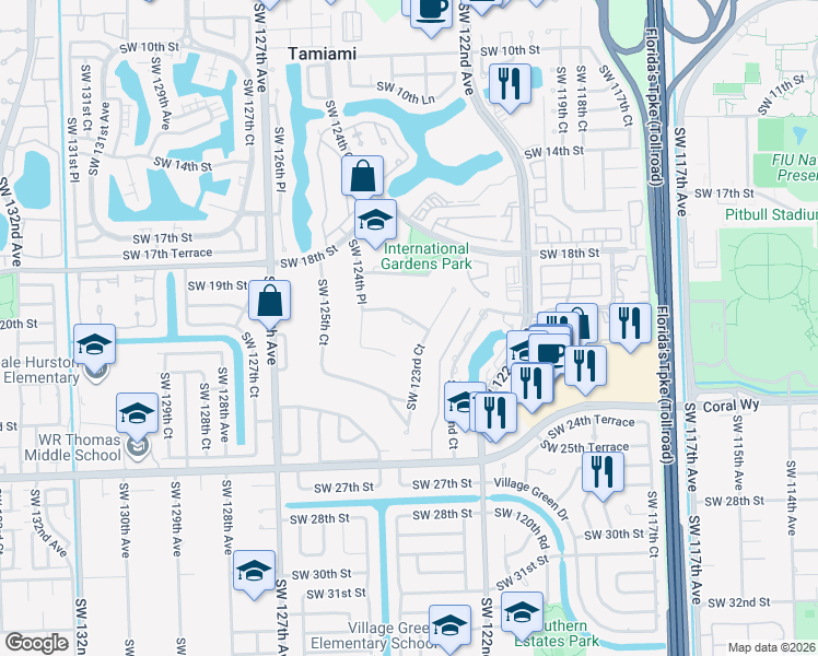 map of restaurants, bars, coffee shops, grocery stores, and more near 12320 Southwest 20th Terrace in Miami
