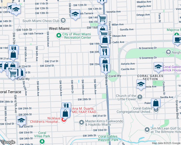 map of restaurants, bars, coffee shops, grocery stores, and more near 2319 Southwest 58th Court in Miami