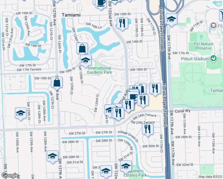 map of restaurants, bars, coffee shops, grocery stores, and more near 2150 Southwest 122nd Court in Miami