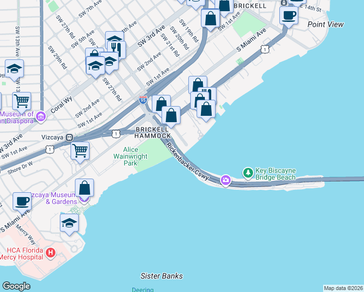 map of restaurants, bars, coffee shops, grocery stores, and more near 150 Southeast 25th Road in Miami