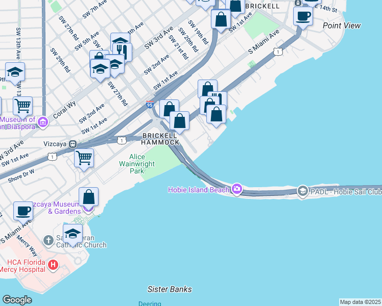 map of restaurants, bars, coffee shops, grocery stores, and more near 150 Southeast 25th Road in Miami