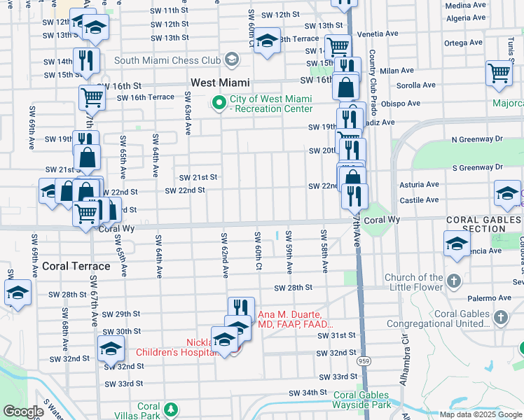 map of restaurants, bars, coffee shops, grocery stores, and more near 2308 Southwest 60th Court in Miami