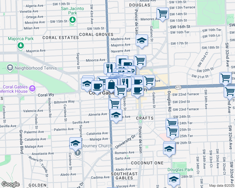 map of restaurants, bars, coffee shops, grocery stores, and more near 366 Miracle Mile in Miami