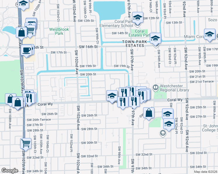 map of restaurants, bars, coffee shops, grocery stores, and more near 2162 SW 98th Pl in Miami