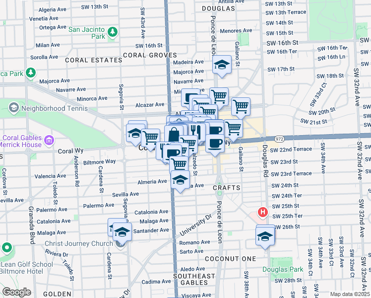 map of restaurants, bars, coffee shops, grocery stores, and more near 366 Miracle Mile in Miami