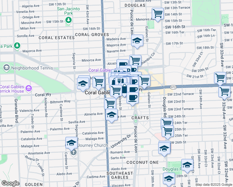 map of restaurants, bars, coffee shops, grocery stores, and more near 286 Coral Way in Coral Gables