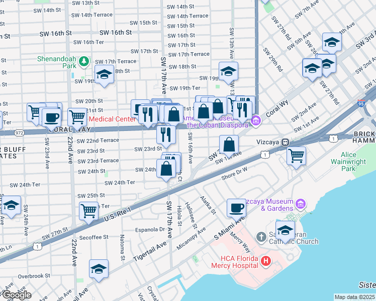 map of restaurants, bars, coffee shops, grocery stores, and more near 2288 Southwest 16th Avenue in Miami