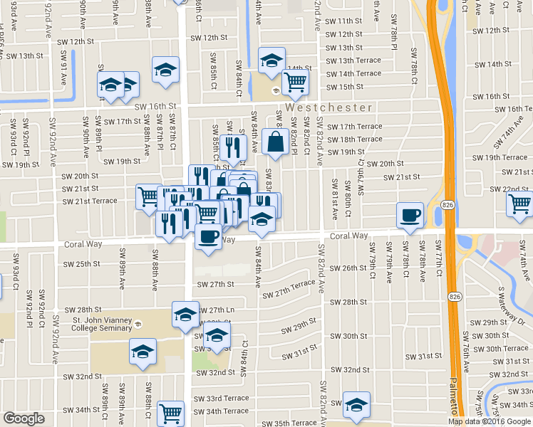 map of restaurants, bars, coffee shops, grocery stores, and more near 2210 Southwest 83rd Court in Miami