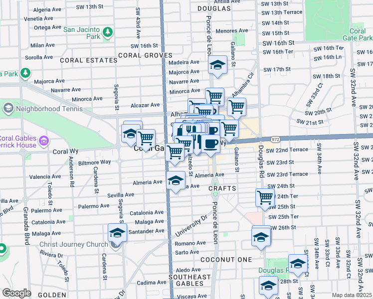 map of restaurants, bars, coffee shops, grocery stores, and more near 286 Coral Way in Coral Gables