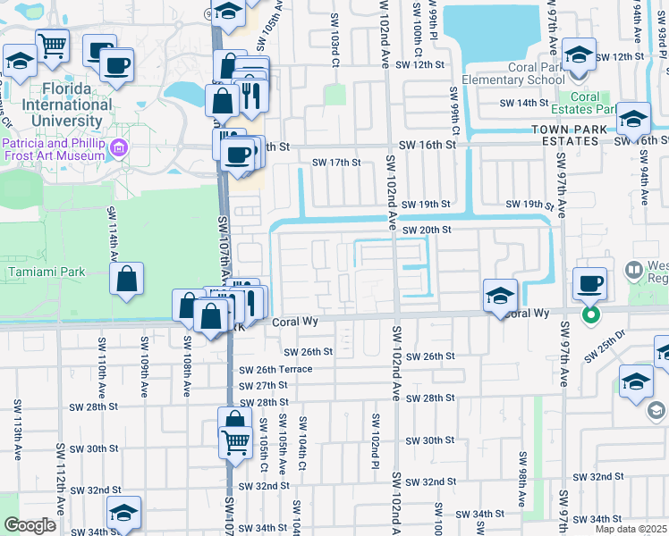 map of restaurants, bars, coffee shops, grocery stores, and more near 2032 Southwest 103rd Court in Miami