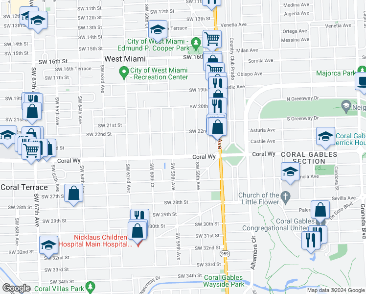 map of restaurants, bars, coffee shops, grocery stores, and more near 2314 Southwest 58th Court in Miami