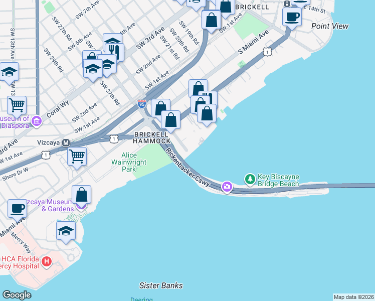 map of restaurants, bars, coffee shops, grocery stores, and more near 150 Southeast 25th Road in Miami