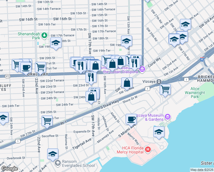 map of restaurants, bars, coffee shops, grocery stores, and more near 2288 Southwest 16th Avenue in Miami