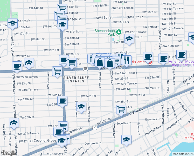 map of restaurants, bars, coffee shops, grocery stores, and more near 2295 Southwest 23rd Avenue in Miami
