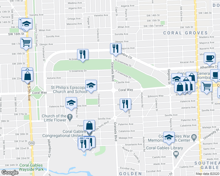 map of restaurants, bars, coffee shops, grocery stores, and more near 1001 Coral Way in Coral Gables