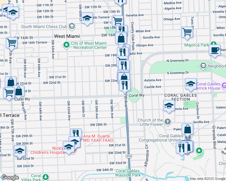 map of restaurants, bars, coffee shops, grocery stores, and more near 2321 Southwest 58th Avenue in Miami