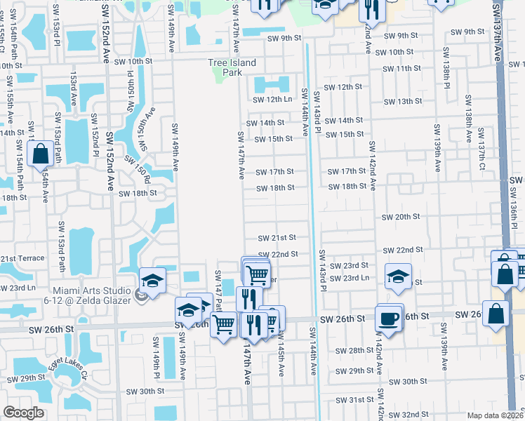 map of restaurants, bars, coffee shops, grocery stores, and more near 14600 Southwest 19th Street in Miami
