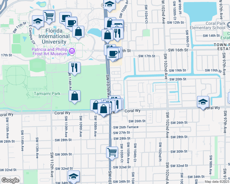 map of restaurants, bars, coffee shops, grocery stores, and more near 10632 Southwest 21st Lane in Miami