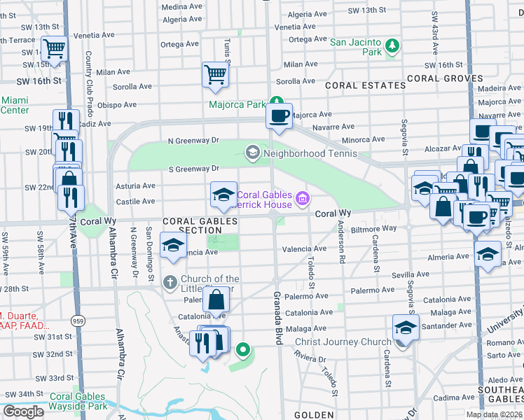 map of restaurants, bars, coffee shops, grocery stores, and more near 1013 Coral Way in Coral Gables