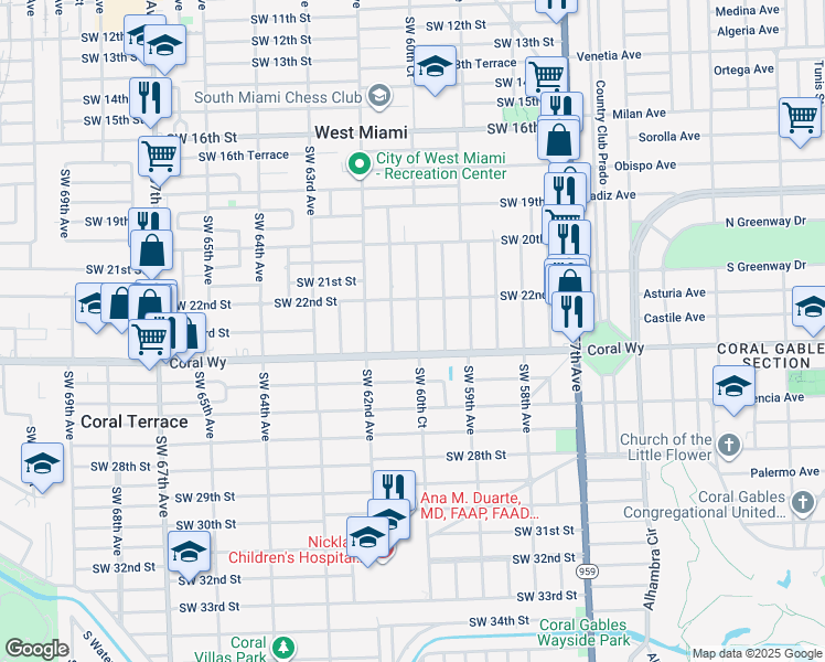 map of restaurants, bars, coffee shops, grocery stores, and more near 2308 Southwest 60th Court in Miami