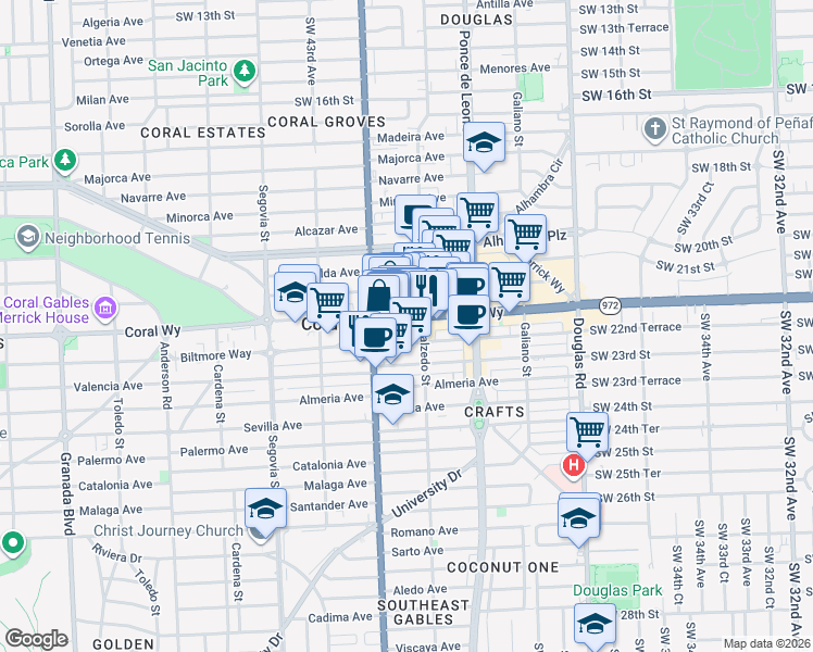 map of restaurants, bars, coffee shops, grocery stores, and more near 366 Miracle Mile in Miami