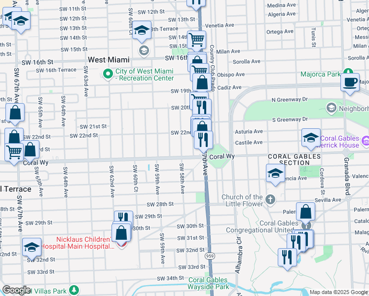 map of restaurants, bars, coffee shops, grocery stores, and more near 2321 Southwest 58th Avenue in Miami
