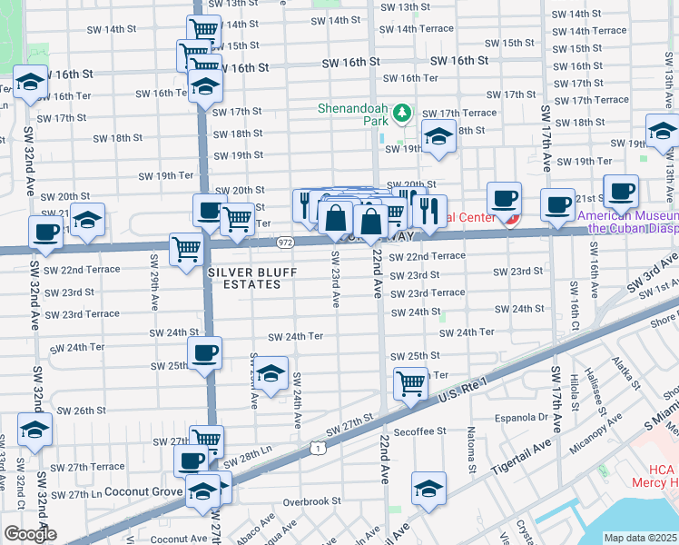 map of restaurants, bars, coffee shops, grocery stores, and more near 2295 Southwest 23rd Avenue in Miami