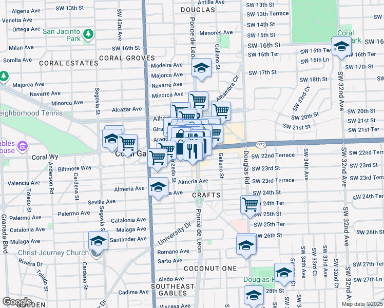 map of restaurants, bars, coffee shops, grocery stores, and more near 2418-20 Ponce de Leon in Coral Gables