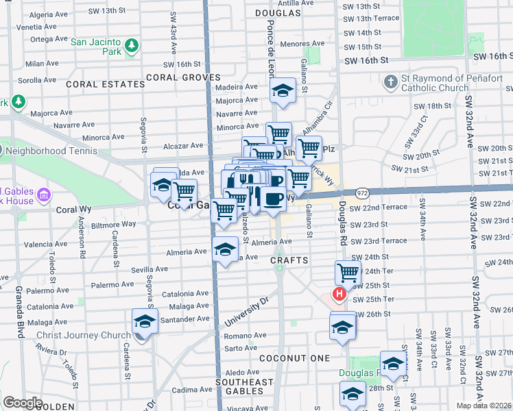 map of restaurants, bars, coffee shops, grocery stores, and more near 286 Coral Way in Coral Gables