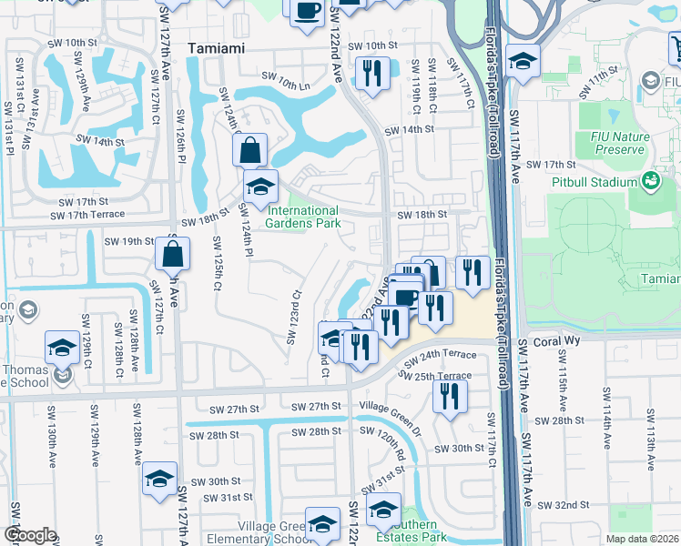 map of restaurants, bars, coffee shops, grocery stores, and more near 2150 Southwest 122nd Court in Miami