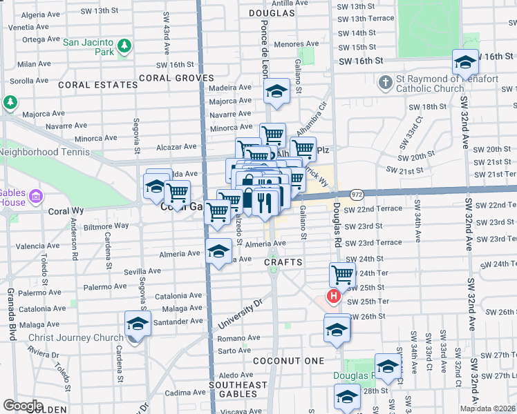 map of restaurants, bars, coffee shops, grocery stores, and more near 2418-20 Ponce de Leon Boulevard in Coral Gables