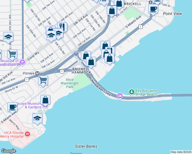 map of restaurants, bars, coffee shops, grocery stores, and more near 150 Southeast 25th Road in Miami