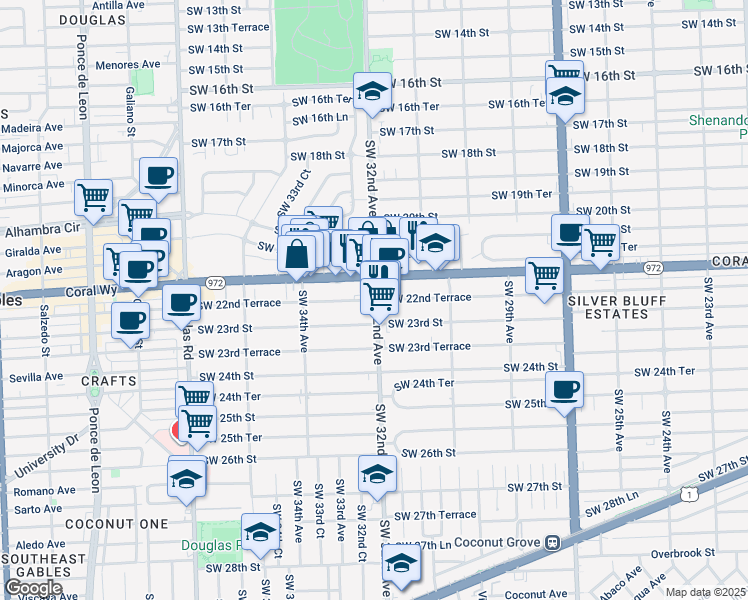 map of restaurants, bars, coffee shops, grocery stores, and more near 3240 Southwest 22nd Terrace in Miami