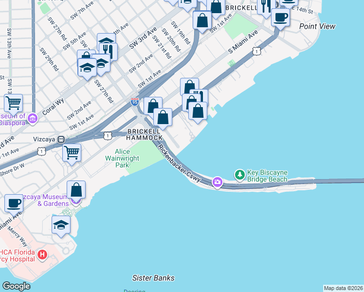 map of restaurants, bars, coffee shops, grocery stores, and more near 175 Southeast 25th Road in Miami
