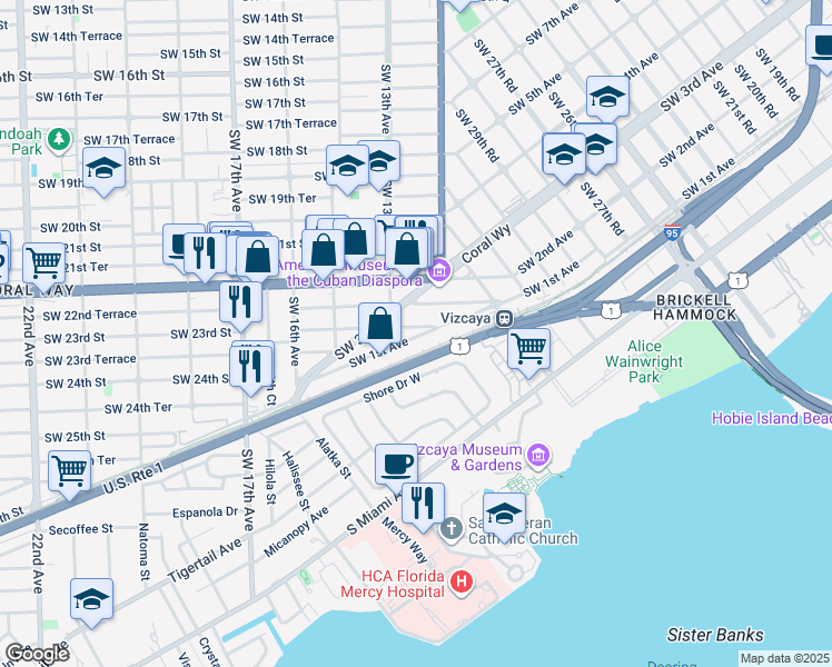 map of restaurants, bars, coffee shops, grocery stores, and more near 3460 Southwest 1st Avenue in Miami