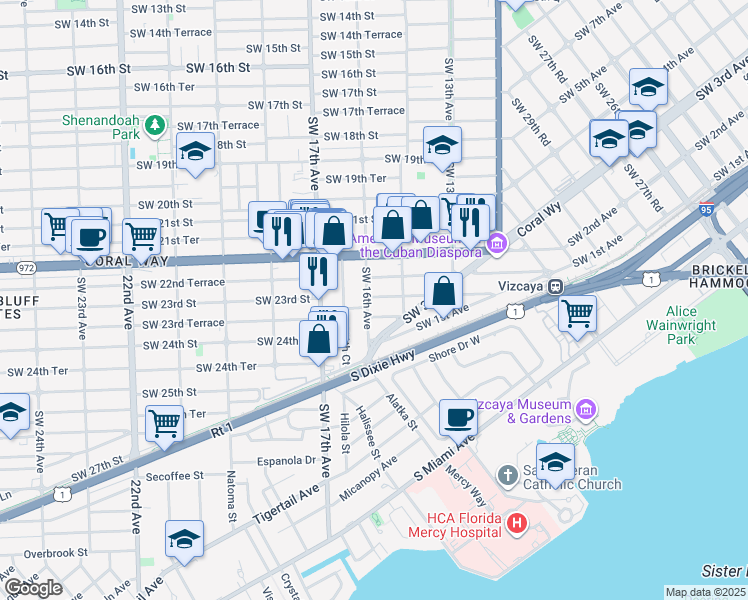 map of restaurants, bars, coffee shops, grocery stores, and more near 2288 Southwest 16th Avenue in Miami