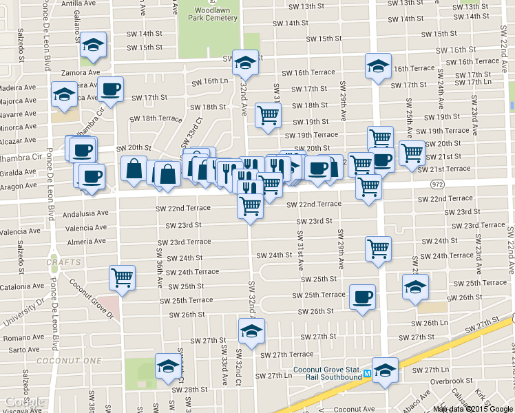 map of restaurants, bars, coffee shops, grocery stores, and more near 3178 Southwest 22nd Terrace in Miami